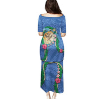 Hawaii Pikake and Maile Lei Family Matching Puletasi and Hawaiian Shirt Honu Polynesian Pattern Blue Color
