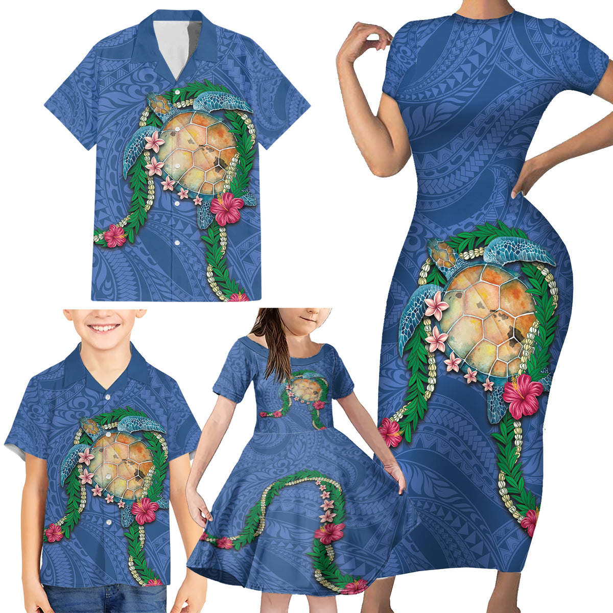 Hawaii Pikake and Maile Lei Family Matching Short Sleeve Bodycon Dress and Hawaiian Shirt Honu Polynesian Pattern Blue Color LT03 - Polynesian Pride