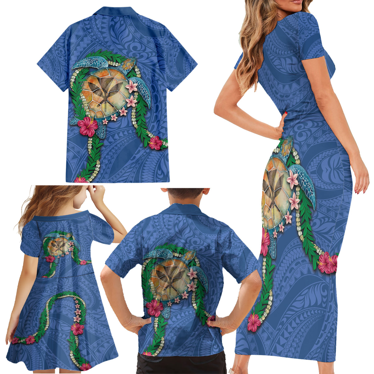 Hawaii Pikake and Maile Lei Family Matching Short Sleeve Bodycon Dress and Hawaiian Shirt Honu Polynesian Pattern Blue Color LT03 - Polynesian Pride