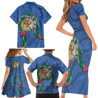 Hawaii Pikake and Maile Lei Family Matching Short Sleeve Bodycon Dress and Hawaiian Shirt Honu Polynesian Pattern Blue Color LT03 - Polynesian Pride