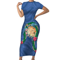 Hawaii Pikake and Maile Lei Family Matching Short Sleeve Bodycon Dress and Hawaiian Shirt Honu Polynesian Pattern Blue Color LT03 Mom's Dress Blue - Polynesian Pride
