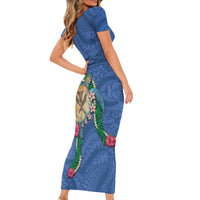 Hawaii Pikake and Maile Lei Family Matching Short Sleeve Bodycon Dress and Hawaiian Shirt Honu Polynesian Pattern Blue Color LT03 - Polynesian Pride