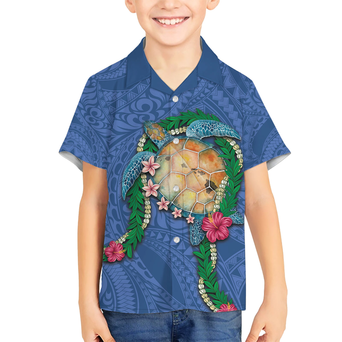 Hawaii Pikake and Maile Lei Family Matching Short Sleeve Bodycon Dress and Hawaiian Shirt Honu Polynesian Pattern Blue Color LT03 Son's Shirt Blue - Polynesian Pride
