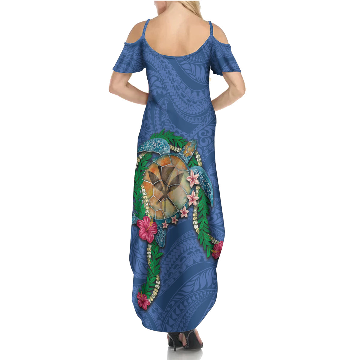 Hawaii Pikake and Maile Lei Family Matching Summer Maxi Dress and Hawaiian Shirt Honu Polynesian Pattern Blue Color