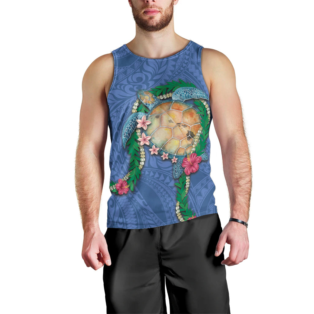 Hawaii Pikake and Maile Lei Men Tank Top Honu Polynesian Pattern Blue Color