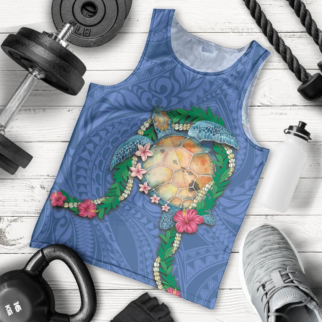 Hawaii Pikake and Maile Lei Men Tank Top Honu Polynesian Pattern Blue Color