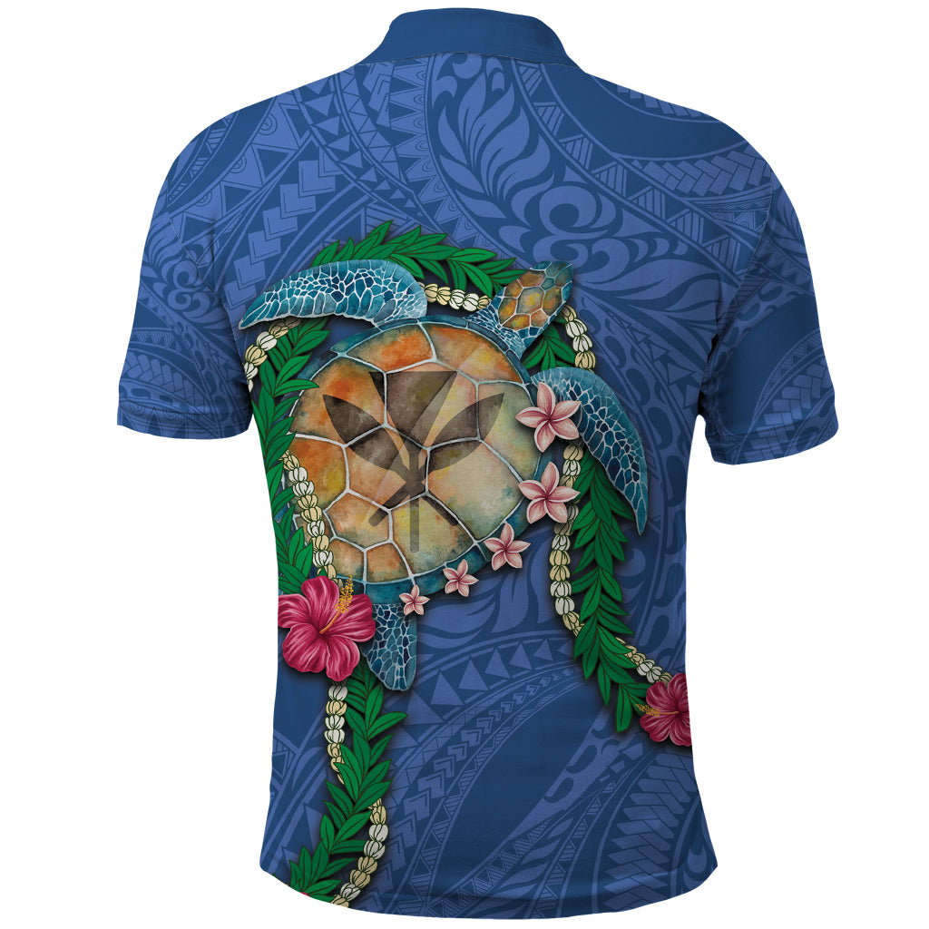 Hawaii Pikake and Maile Lei Polo Shirt Honu Polynesian Pattern Blue Color