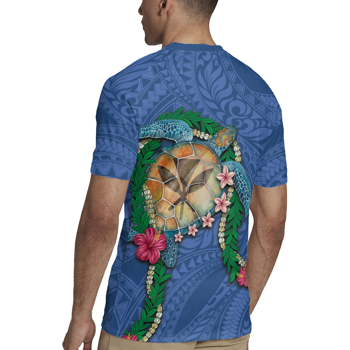 Hawaii Pikake and Maile Lei Rugby Jersey Honu Polynesian Pattern Blue Color