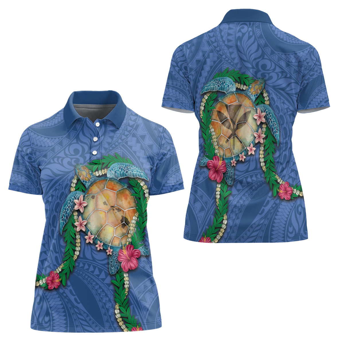 Hawaii Pikake and Maile Lei Women Polo Shirt Honu Polynesian Pattern Blue Color