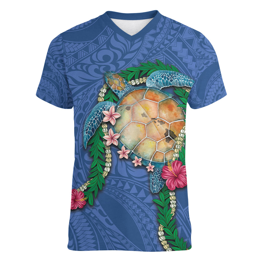 Hawaii Pikake and Maile Lei Women V-Neck T-Shirt Honu Polynesian Pattern Blue Color