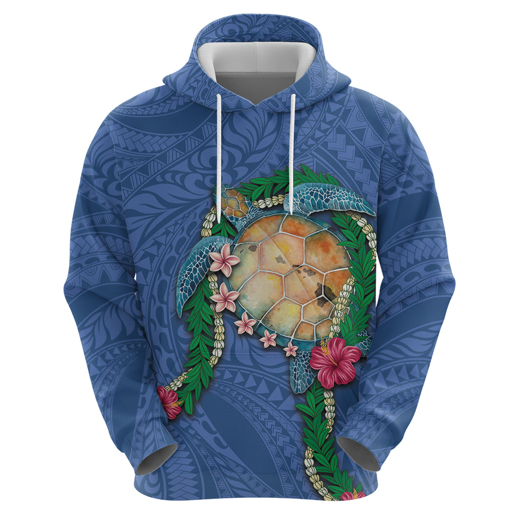 Hawaii Pikake and Maile Lei Zip Hoodie Honu Polynesian Pattern Blue Color