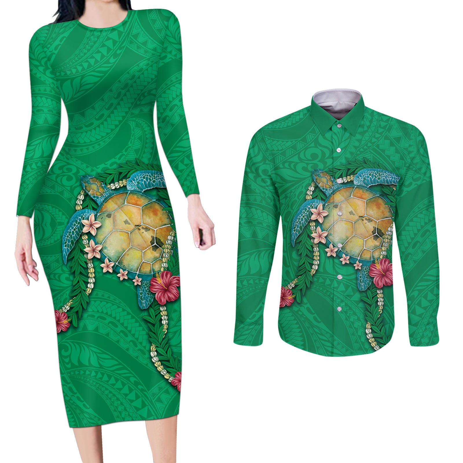 Hawaii Pikake and Maile Lei Couples Matching Long Sleeve Bodycon Dress and Long Sleeve Button Shirt Honu Polynesian Pattern Green Color