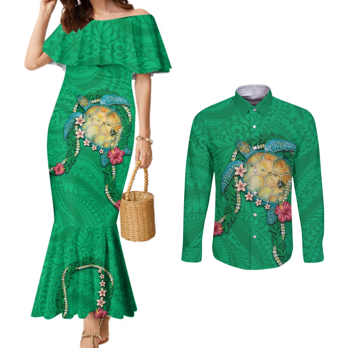 Hawaii Pikake and Maile Lei Couples Matching Mermaid Dress and Long Sleeve Button Shirt Honu Polynesian Pattern Green Color