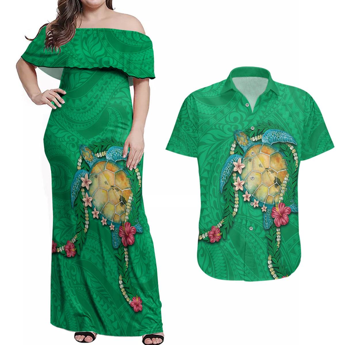 Hawaii Pikake and Maile Lei Couples Matching Off Shoulder Maxi Dress and Hawaiian Shirt Honu Polynesian Pattern Green Color