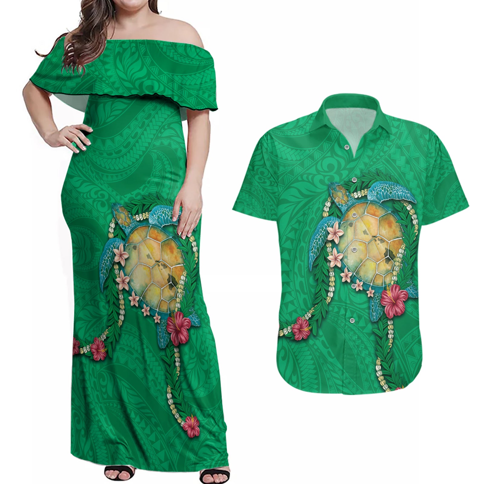 Hawaii Pikake and Maile Lei Couples Matching Off Shoulder Maxi Dress and Hawaiian Shirt Honu Polynesian Pattern Green Color