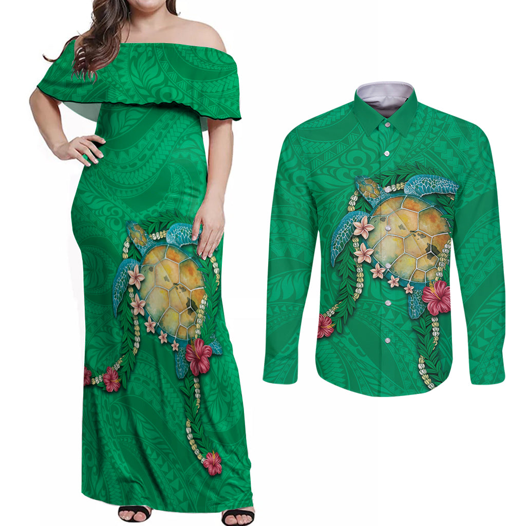 Hawaii Pikake and Maile Lei Couples Matching Off Shoulder Maxi Dress and Long Sleeve Button Shirt Honu Polynesian Pattern Green Color