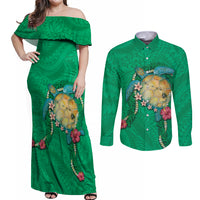 Hawaii Pikake and Maile Lei Couples Matching Off Shoulder Maxi Dress and Long Sleeve Button Shirt Honu Polynesian Pattern Green Color