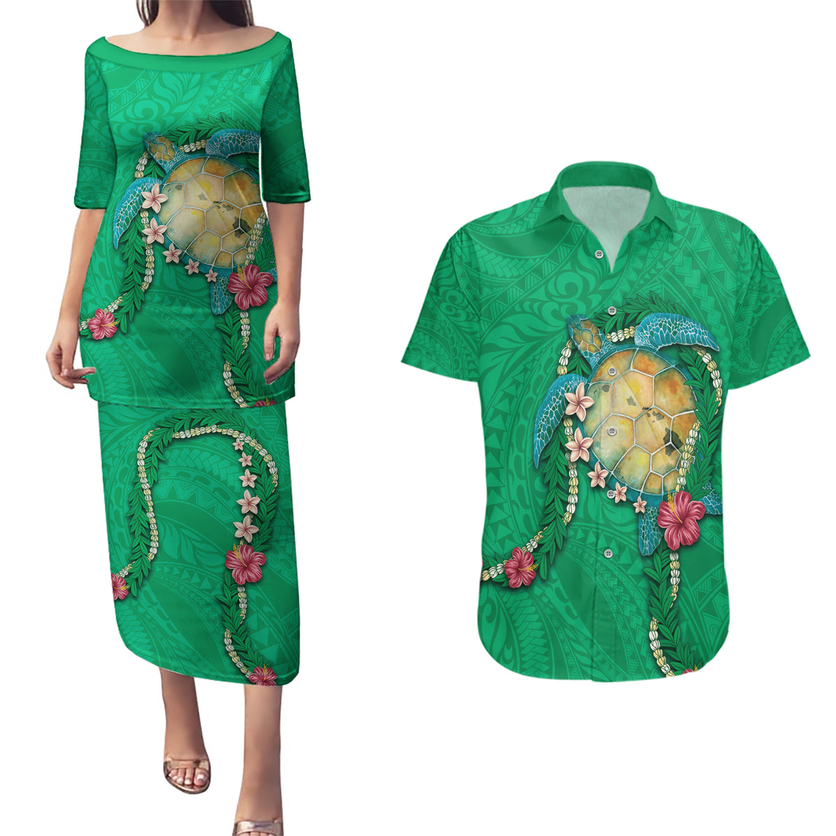 Hawaii Pikake and Maile Lei Couples Matching Puletasi and Hawaiian Shirt Honu Polynesian Pattern Green Color
