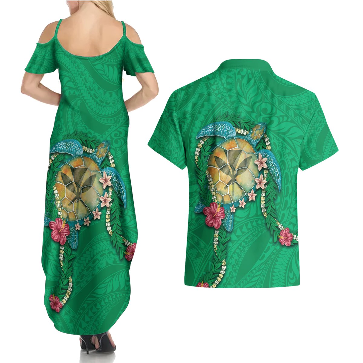 Hawaii Pikake and Maile Lei Couples Matching Summer Maxi Dress and Hawaiian Shirt Honu Polynesian Pattern Green Color