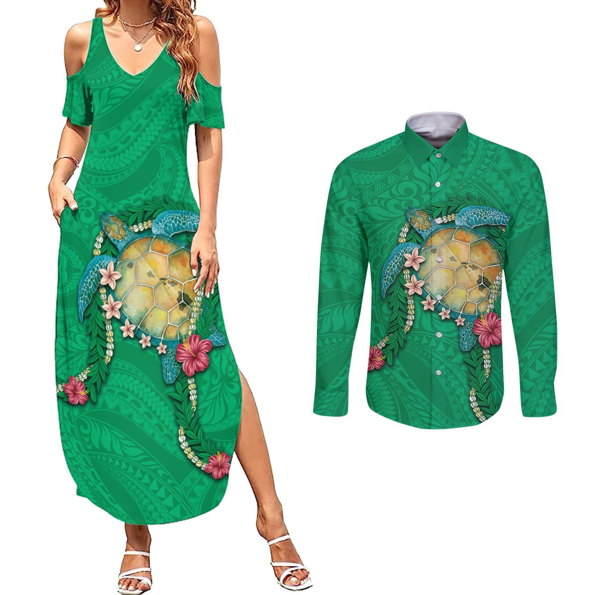 Hawaii Pikake and Maile Lei Couples Matching Summer Maxi Dress and Long Sleeve Button Shirt Honu Polynesian Pattern Green Color