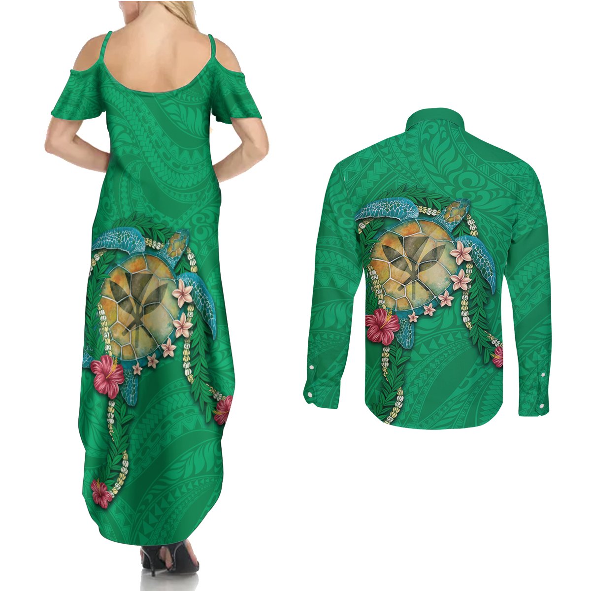Hawaii Pikake and Maile Lei Couples Matching Summer Maxi Dress and Long Sleeve Button Shirt Honu Polynesian Pattern Green Color