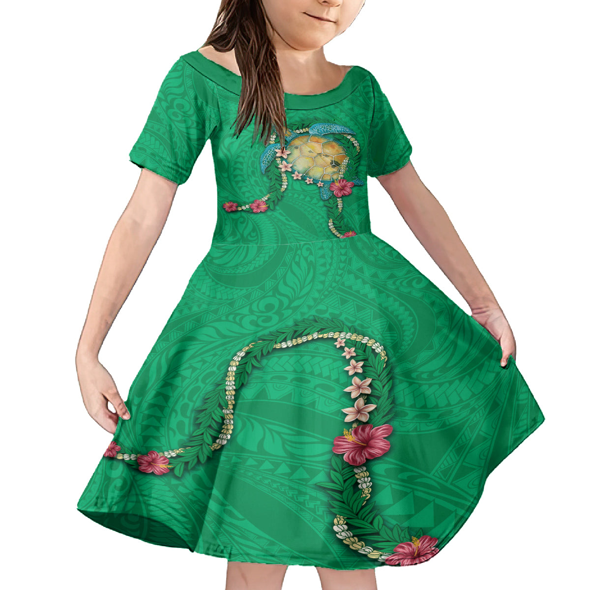 Hawaii Pikake and Maile Lei Family Matching Long Sleeve Bodycon Dress and Hawaiian Shirt Honu Polynesian Pattern Green Color LT03 Daughter's Dress Green - Polynesian Pride