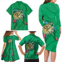 Hawaii Pikake and Maile Lei Family Matching Long Sleeve Bodycon Dress and Hawaiian Shirt Honu Polynesian Pattern Green Color LT03 - Polynesian Pride