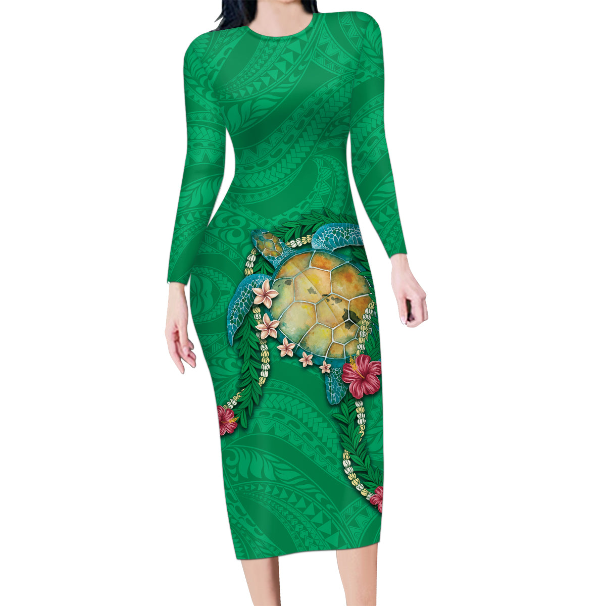 Hawaii Pikake and Maile Lei Family Matching Long Sleeve Bodycon Dress and Hawaiian Shirt Honu Polynesian Pattern Green Color LT03 Mom's Dress Green - Polynesian Pride
