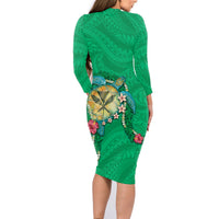 Hawaii Pikake and Maile Lei Family Matching Long Sleeve Bodycon Dress and Hawaiian Shirt Honu Polynesian Pattern Green Color LT03 - Polynesian Pride
