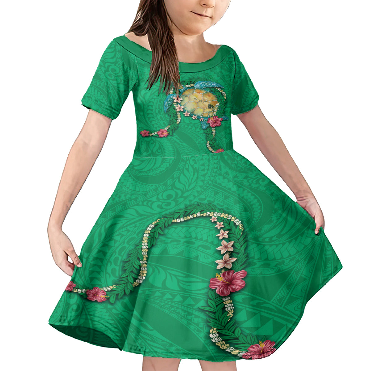 Hawaii Pikake and Maile Lei Family Matching Mermaid Dress and Hawaiian Shirt Honu Polynesian Pattern Green Color LT03 Daughter's Dress Green - Polynesian Pride