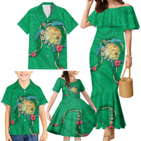 Hawaii Pikake and Maile Lei Family Matching Mermaid Dress and Hawaiian Shirt Honu Polynesian Pattern Green Color LT03 - Polynesian Pride