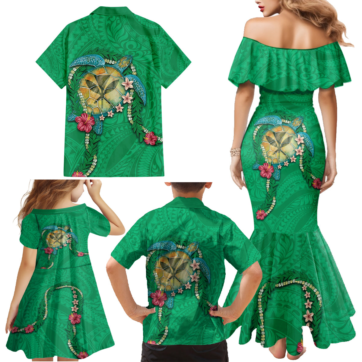 Hawaii Pikake and Maile Lei Family Matching Mermaid Dress and Hawaiian Shirt Honu Polynesian Pattern Green Color LT03 - Polynesian Pride