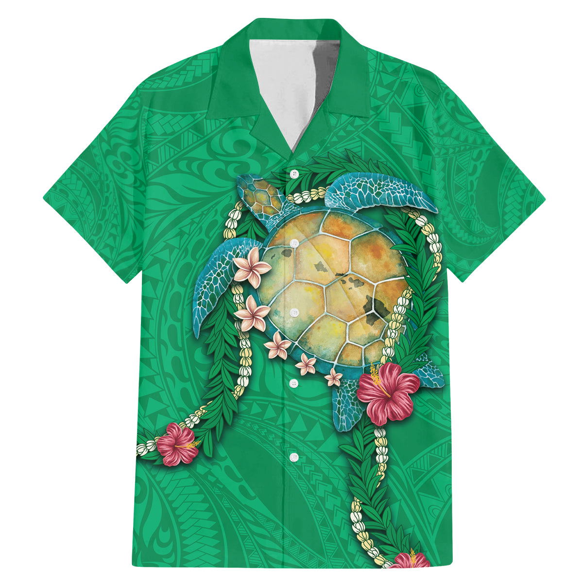 Hawaii Pikake and Maile Lei Family Matching Mermaid Dress and Hawaiian Shirt Honu Polynesian Pattern Green Color LT03 Dad's Shirt - Short Sleeve Green - Polynesian Pride