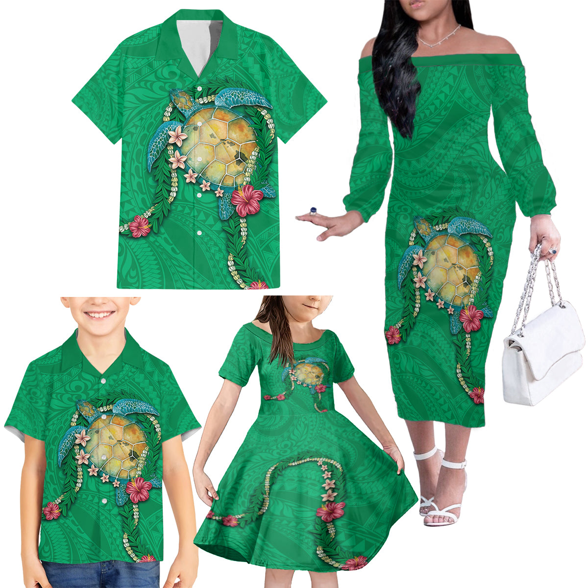 Hawaii Pikake and Maile Lei Family Matching Off The Shoulder Long Sleeve Dress and Hawaiian Shirt Honu Polynesian Pattern Green Color LT03 - Polynesian Pride