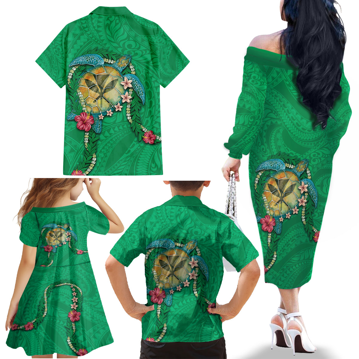 Hawaii Pikake and Maile Lei Family Matching Off The Shoulder Long Sleeve Dress and Hawaiian Shirt Honu Polynesian Pattern Green Color LT03 - Polynesian Pride