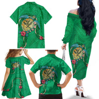 Hawaii Pikake and Maile Lei Family Matching Off The Shoulder Long Sleeve Dress and Hawaiian Shirt Honu Polynesian Pattern Green Color LT03 - Polynesian Pride