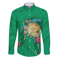Hawaii Pikake and Maile Lei Family Matching Off The Shoulder Long Sleeve Dress and Hawaiian Shirt Honu Polynesian Pattern Green Color LT03 Dad's Shirt - Long Sleeve Green - Polynesian Pride
