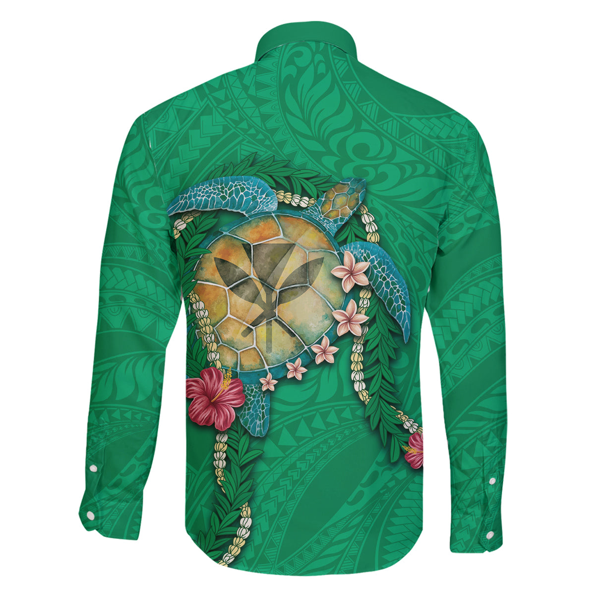 Hawaii Pikake and Maile Lei Family Matching Off The Shoulder Long Sleeve Dress and Hawaiian Shirt Honu Polynesian Pattern Green Color LT03 - Polynesian Pride