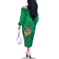 Hawaii Pikake and Maile Lei Family Matching Off The Shoulder Long Sleeve Dress and Hawaiian Shirt Honu Polynesian Pattern Green Color LT03 - Polynesian Pride