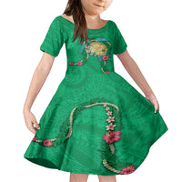 Hawaii Pikake and Maile Lei Family Matching Off Shoulder Short Dress and Hawaiian Shirt Honu Polynesian Pattern Green Color LT03 Daughter's Dress Green - Polynesian Pride
