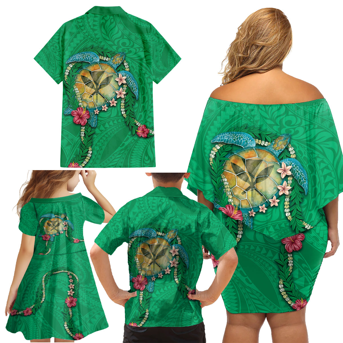 Hawaii Pikake and Maile Lei Family Matching Off Shoulder Short Dress and Hawaiian Shirt Honu Polynesian Pattern Green Color LT03 - Polynesian Pride