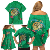 Hawaii Pikake and Maile Lei Family Matching Off Shoulder Short Dress and Hawaiian Shirt Honu Polynesian Pattern Green Color LT03 - Polynesian Pride