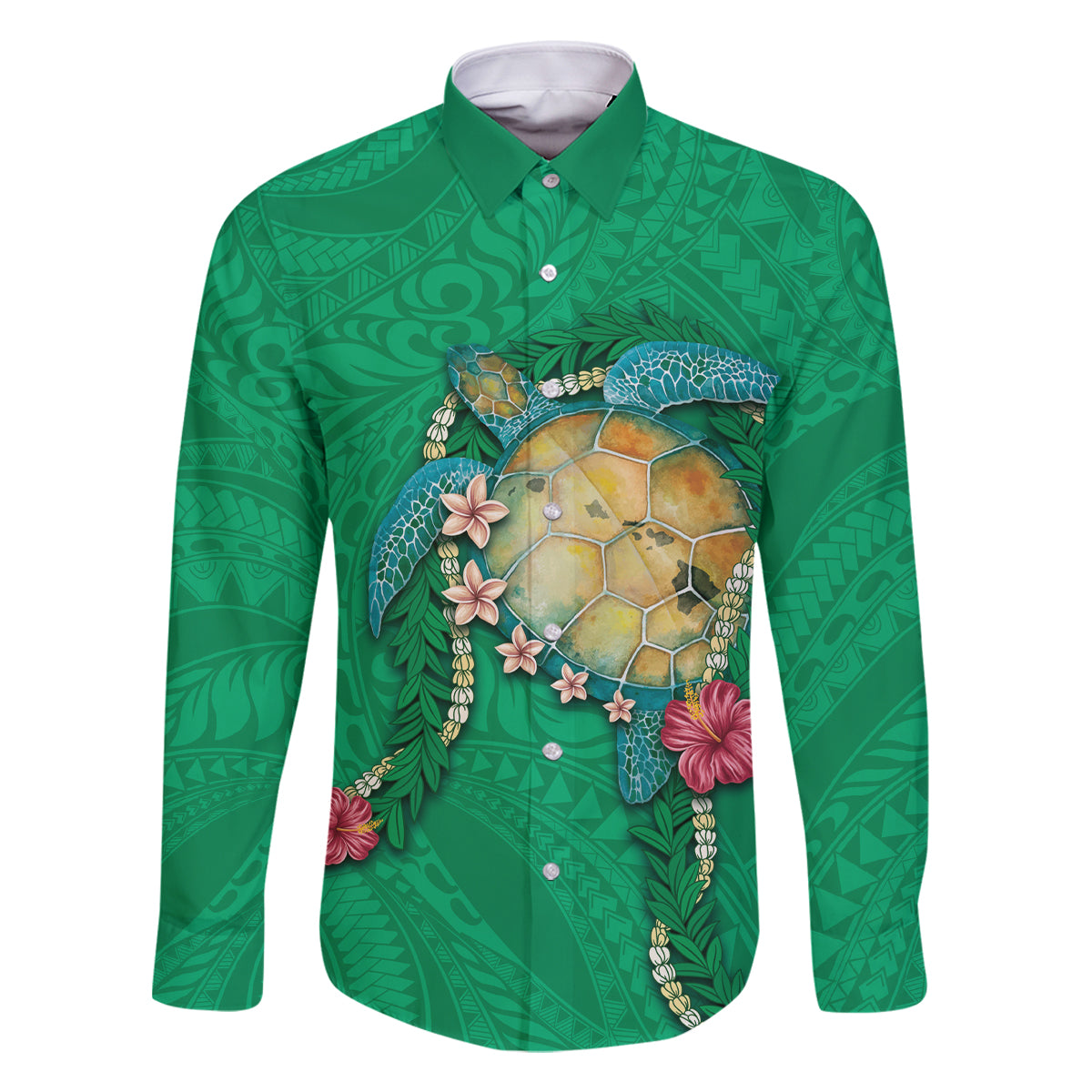Hawaii Pikake and Maile Lei Family Matching Off Shoulder Short Dress and Hawaiian Shirt Honu Polynesian Pattern Green Color LT03 Dad's Shirt - Long Sleeve Green - Polynesian Pride