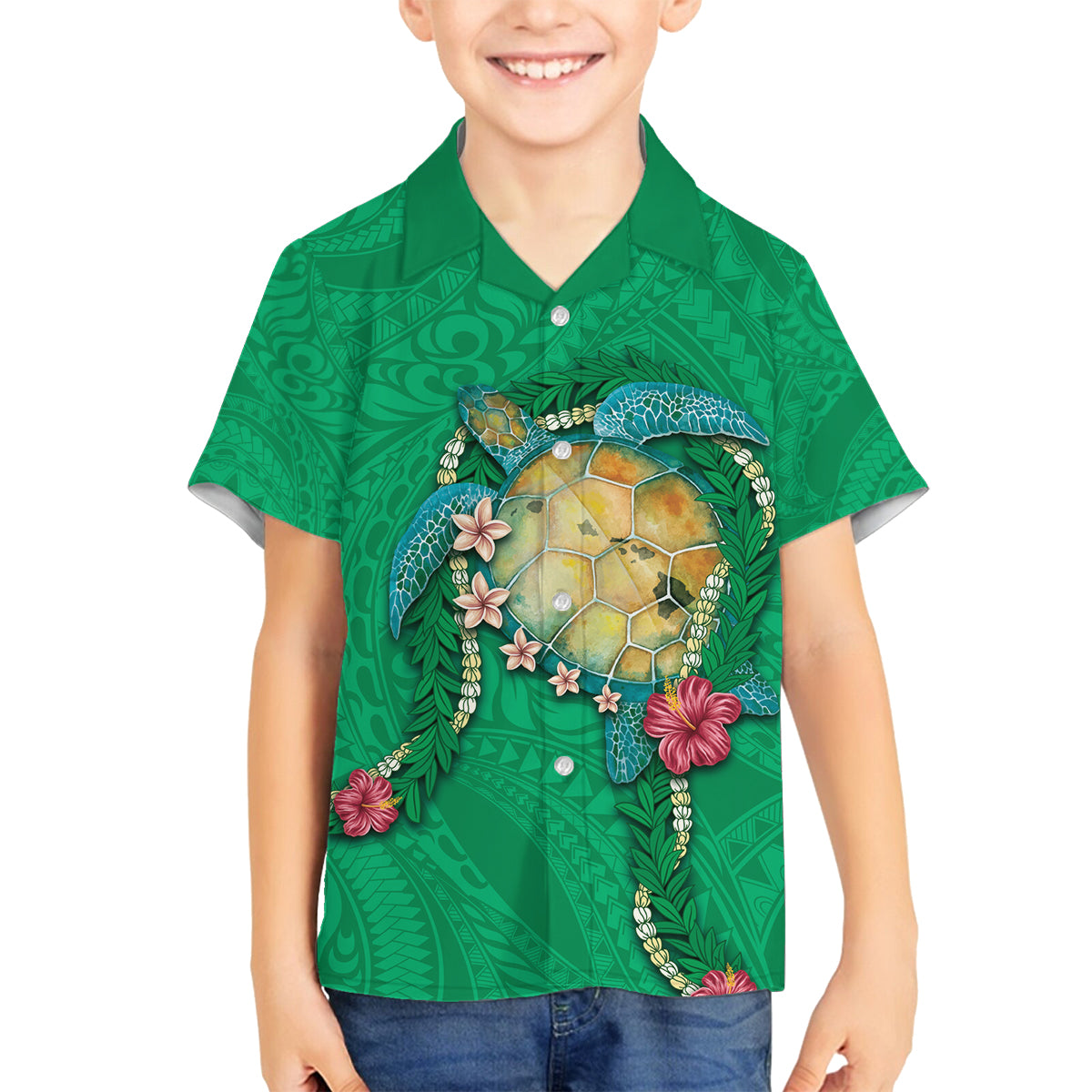 Hawaii Pikake and Maile Lei Family Matching Off Shoulder Short Dress and Hawaiian Shirt Honu Polynesian Pattern Green Color LT03 Son's Shirt Green - Polynesian Pride