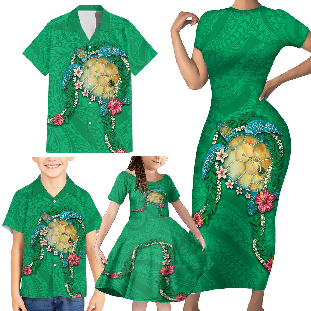 Hawaii Pikake and Maile Lei Family Matching Short Sleeve Bodycon Dress and Hawaiian Shirt Honu Polynesian Pattern Green Color LT03 - Polynesian Pride