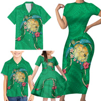 Hawaii Pikake and Maile Lei Family Matching Short Sleeve Bodycon Dress and Hawaiian Shirt Honu Polynesian Pattern Green Color LT03 - Polynesian Pride