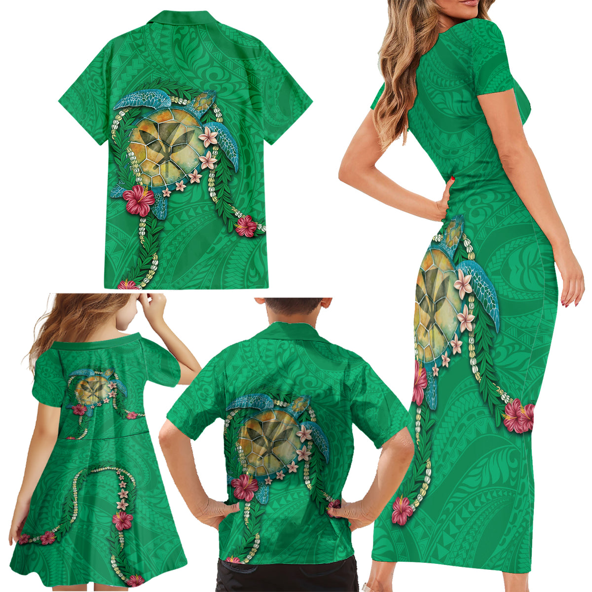 Hawaii Pikake and Maile Lei Family Matching Short Sleeve Bodycon Dress and Hawaiian Shirt Honu Polynesian Pattern Green Color LT03 - Polynesian Pride