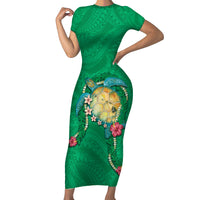 Hawaii Pikake and Maile Lei Family Matching Short Sleeve Bodycon Dress and Hawaiian Shirt Honu Polynesian Pattern Green Color LT03 Mom's Dress Green - Polynesian Pride