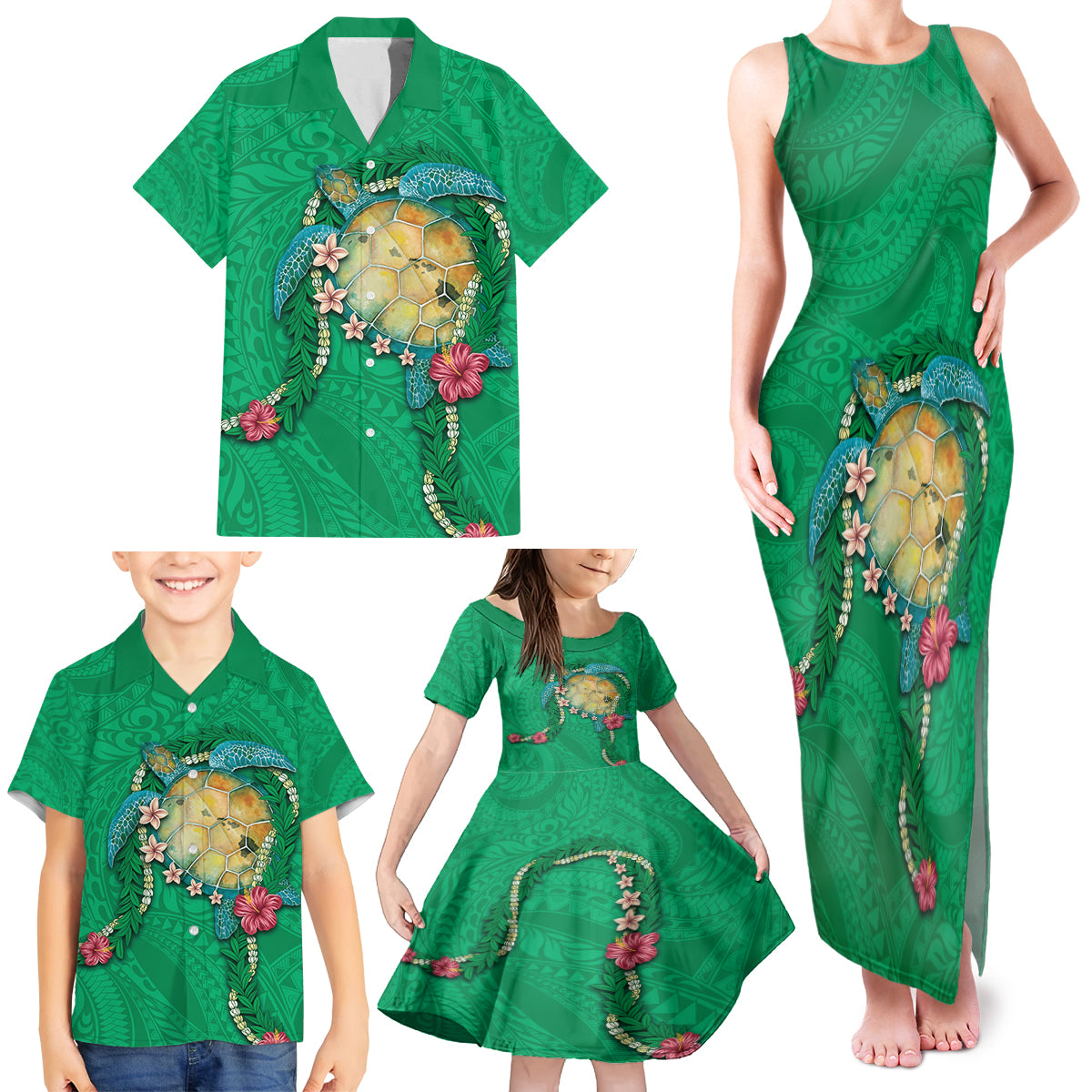 Hawaii Pikake and Maile Lei Family Matching Tank Maxi Dress and Hawaiian Shirt Honu Polynesian Pattern Green Color LT03 - Polynesian Pride