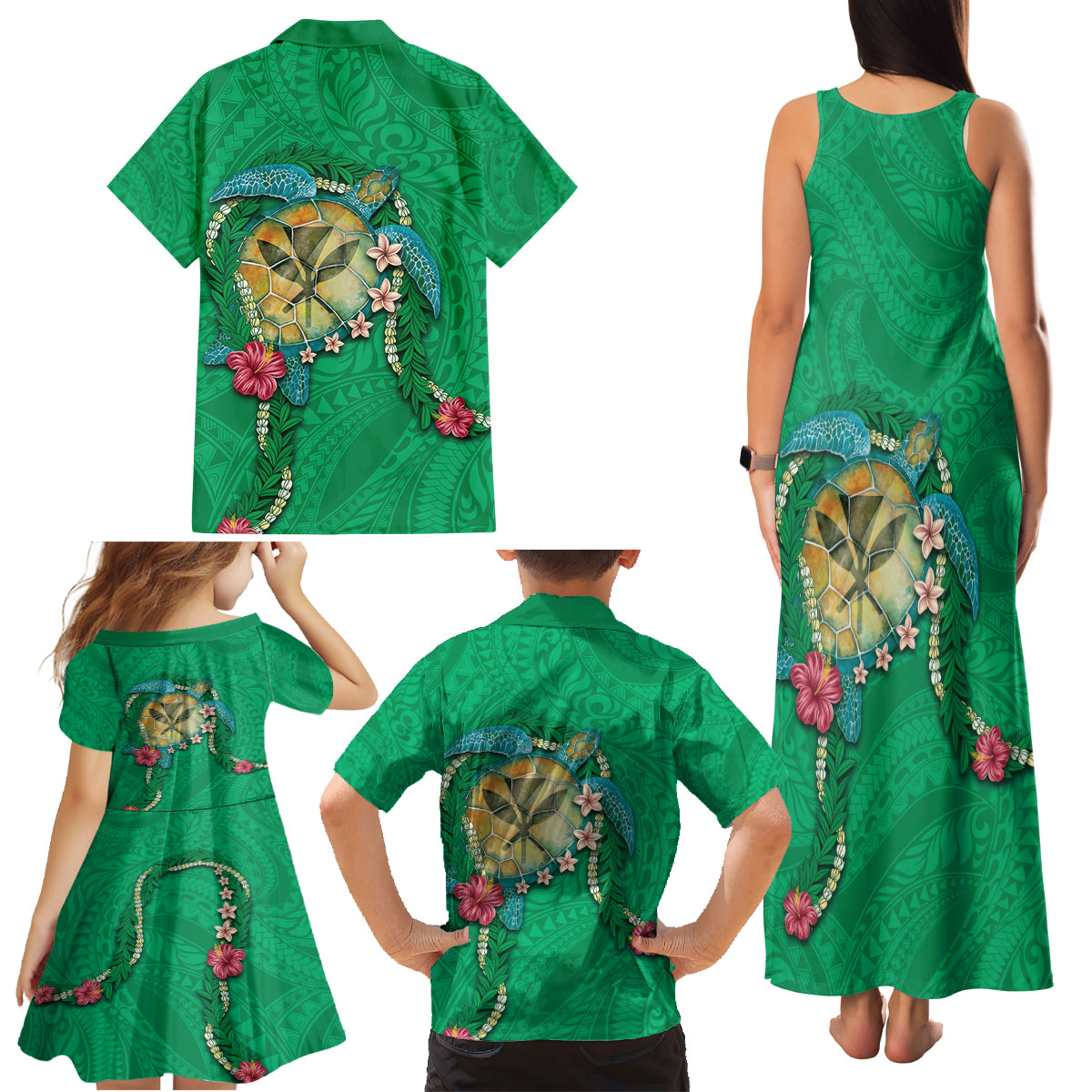 Hawaii Pikake and Maile Lei Family Matching Tank Maxi Dress and Hawaiian Shirt Honu Polynesian Pattern Green Color LT03 - Polynesian Pride